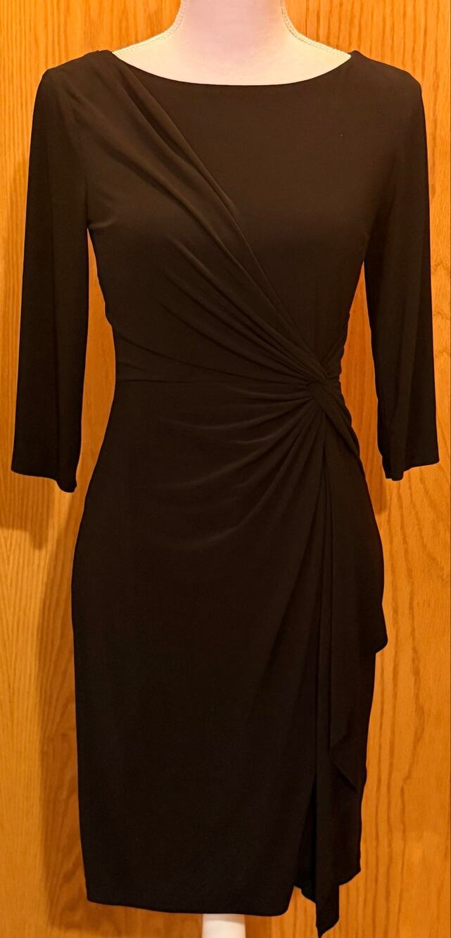 Chaps Women Black Sheath Dress 3/4 Sleeve Side Ruched Knot Cocktail Knee Size S